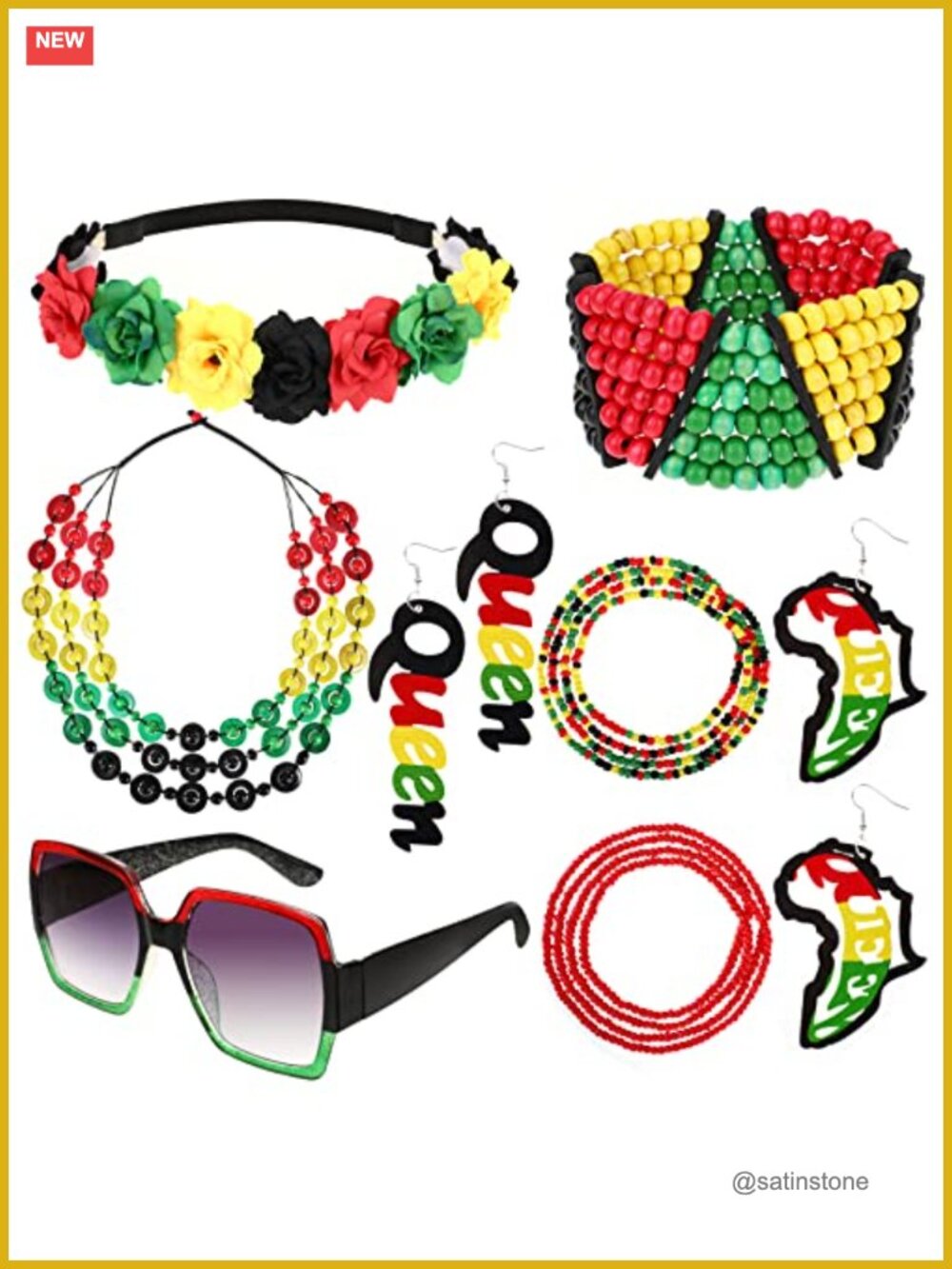 8 Pc African Jamaican Jewelry Set Wood Earrings Necklace Bracelet Sunglasses